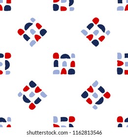 Vector seamless pattern with brush stripes and dots. Blue red color on white background. Hand painted plaid texture. Ink geometric elements. Fashion modern style. Endless fabric check print.