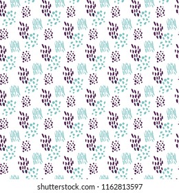 Vector seamless pattern with brush stripes and dots. Blue violet color on white background. Hand painted plaid texture. Ink geometric elements. Fashion modern style. Endless fabric check print.