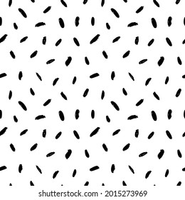 Vector seamless pattern with brush stripes and strokes. Black dashes on white background. Dry rough smears and short brushstrokes. Hand painted grunge texture. Modern art background, textile design 