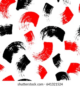 Vector seamless pattern with brush stripes and strokes. Black red color on white background. Hand painted grange texture. Ink geometric elements. Fashion modern style. Endless fabric print. Retro
