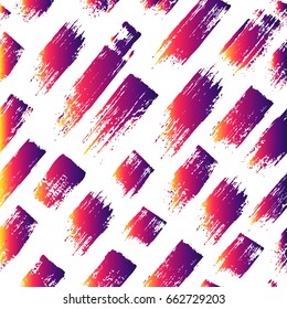 Vector seamless pattern with brush stripes and strokes. Yellow violet gradient color on white background. Hand painted grange texture. Ink geometric elements. Fashion modern style. Endless fabric.
