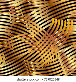 Vector seamless pattern with brush stripes and strokes. Gold gradient color on dark background. Hand painted grunge texture. Ink geometric elements. Fashion modern style. Endless fabric print. Retro
