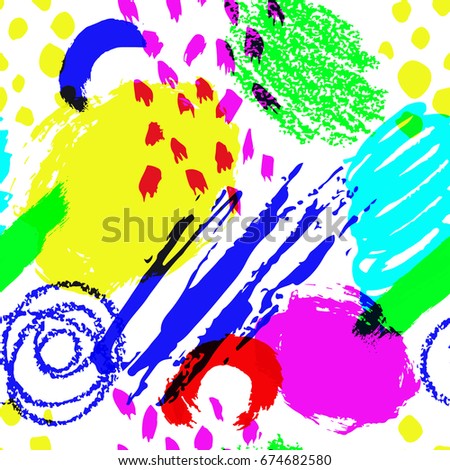 Vector seamless pattern brush stripes and strokes. Yellow green blue pink color on white background. Hand painted grange texture. Ink geometric elements. Fashion modern fabric summer abstract print.