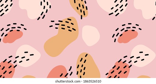 Vector seamless pattern with brush strokes in Memphis style. Background for printing brochure, poster, party, summer print, vintage textile design, card. Pastel colors.