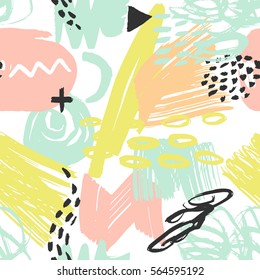 Vector seamless pattern with brush strokes in memphis style. Background for printing brochure, poster, party, summer print, vintage textile design, card. Pastel colors.
