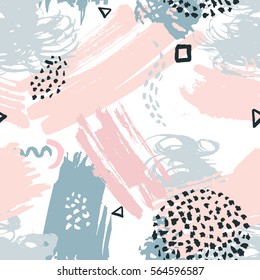Vector Seamless Pattern With Brush Strokes In Memphis Style. Background For Printing Brochure, Poster, Party, Summer Print, Vintage Textile Design, Card. Pastel Colors.

