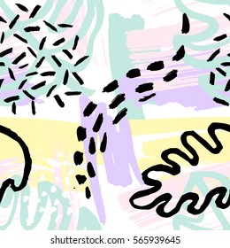 Vector seamless pattern with brush strokes in memphis style. Background for printing brochure, poster, party, summer print, vintage textile design, card. Pastel colors.
