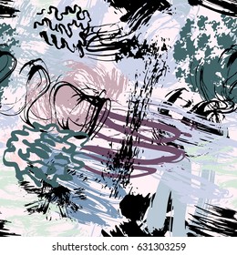 Vector seamless pattern with brush strokes in memphis style. Background for printing brochure, poster, textile design, card, web, magazines, wallpapers. Pastel colors.