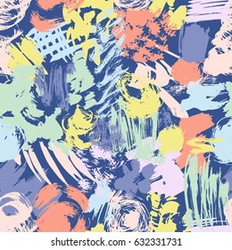 Vector seamless pattern with brush strokes in memphis style. Background for printing brochure, poster, textile design, card, web, magazines, wallpapers. Pastel colors.