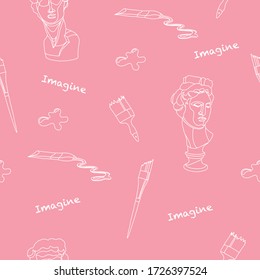 Vector seamless pattern with brushes, gypsum female head and Imagine sign