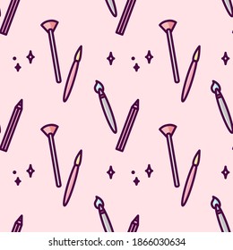 Vector seamless pattern of brushes and pencils on a pink background. Line art.