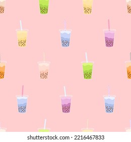 Vector seamless pattern with bubble milk tea. Print with an Asian pearl drink in a plastic cup with a straw. Bright design for wallpaper, wrapping paper, textiles.