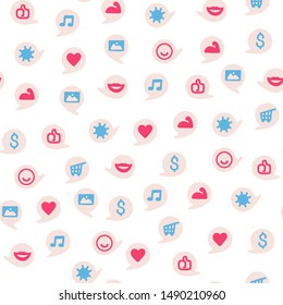 Vector seamless pattern with bubble speech and different symbols. Endless print with bubble speech and heart, picture, strong, sun, smile, like, money, purchase, note. Icons mobile instant messengers 