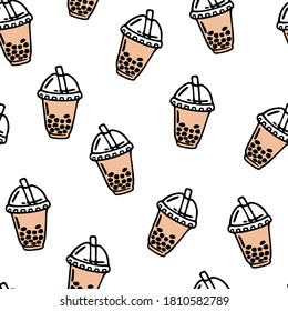 Vector seamless pattern with bubble tea in plastic cups with straw. Popular drink with tapioca pearls. 