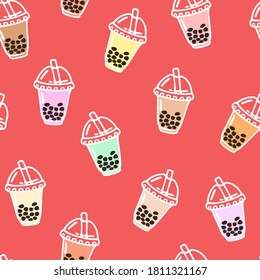 Vector seamless pattern with bubble tea in plastic cups with straw. Popular drink with tapioca pearls. 