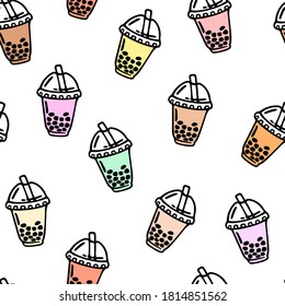 Vector seamless pattern with bubble tea in plastic cups with straw. Popular drink with tapioca pearls. 