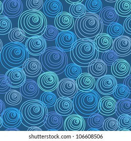 Vector seamless pattern with bubbles of doodles. Dark blue background with stylized texture of water and foam. Abstract illustration for print, web, wallpaper, textile, cover, paper