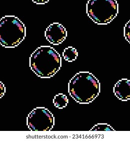 Vector seamless pattern with bubbles on black. Pixel art style
