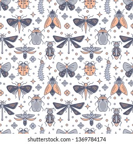 Vector seamless pattern with bugs and insects in line style