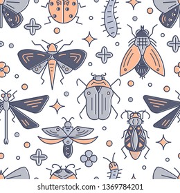 Vector seamless pattern with bugs and insects in line style