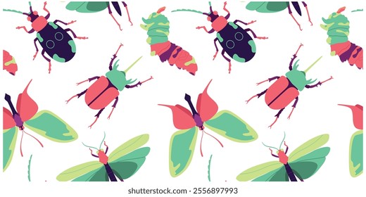 Vector Seamless Pattern Bugs Insects Cartoon Illustration Isolated