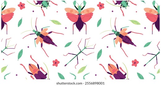 Vector Seamless Pattern Bugs Insects Cartoon Illustration Isolated