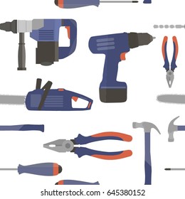 Vector seamless pattern with building tools repair: pliers, hammer, screwdriver, electric saw and drill.