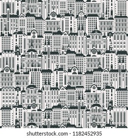 Vector seamless pattern with a lot of buildings of the Old town in retro style. Seamless black and white drawing background, can be used as wallpaper or wrapping paper.