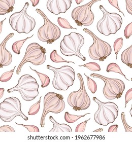 Vector seamless pattern: bulbs and cloves of fresh garlic. For textile, illustration, wrapping paper, print about natural vitamins, healthy food, immunity.