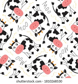 Vector Seamless pattern with Bull in  the meadow. Loop pattern for fabric, textile, wallpaper, posters, gift wrapping paper, napkins, tablecloths. Print for kids. Children's pattern 