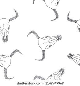 Vector seamless pattern with bull skull sketches. Hand drawn texture. Wild West symbol. Illustration of bison bone isolated on white background.