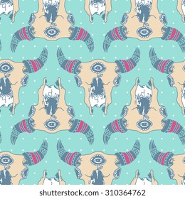 Vector seamless pattern with bull skull. Ornate tattoo design element. Snow effect in separate layer
