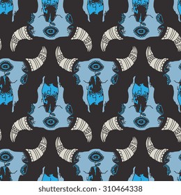 Vector seamless pattern with bull skull. Ornate tattoo design element
