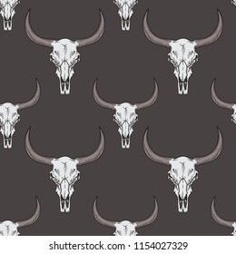 Vector seamless pattern with bull skulls illustrations in engraving technique.