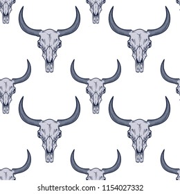 Vector seamless pattern with bull skulls illustrations in engraving technique.