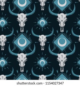 Vector seamless pattern with bull skulls in engraving technique and boho ornament. 