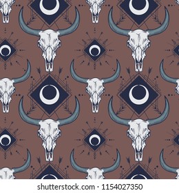 Vector seamless pattern with bull skulls in engraving technique and boho ornament. 