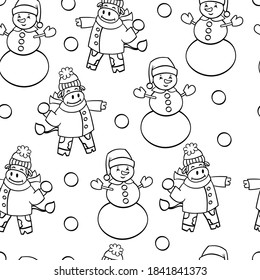 Vector seamless pattern with a bull in winter clothes and a snowman, coloring page for children and adults