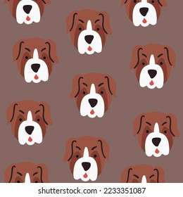 Vector seamless pattern with bulldogs dogs faces on dark background.