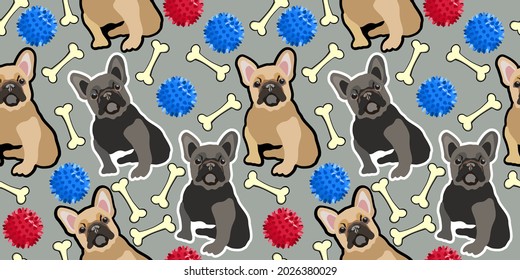 Vector seamless pattern with bulldogs, toys and bones. Cute cartoon concept.