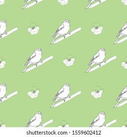 Vector seamless pattern with bullfinch bird and flowers. On a green background, in the style of doodle. For textiles, fabrics, ornaments, industries, design, packaging, wallpapers, backgrounds