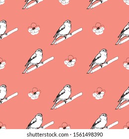 Vector seamless pattern with bullfinch bird and flowers. On a pink background, in the style of doodle. For textiles, fabrics, ornaments, industries, design, packaging, wallpapers, backgrounds