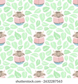 Vector seamless pattern with bulls in a pink shirt surrounded by green leaves