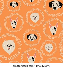 Vector seamless pattern with Bullterrier, Dalmatian, Pomeranian and leaves on orange background. Cute dogs illustration for fabric, textile, background, wallpaper