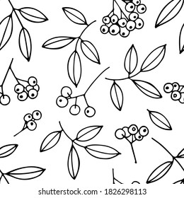 Vector seamless pattern with bunches of berries and leaves. Hand drawn linear sketch. Abstract Floral Pattern. Branch of mountain ash berries isolated on white. Autumn, summer season illustration.