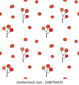 Vector seamless pattern of bunches of rowan red berries, viburnum. Bright texture in doodle flat style. Concept of forest, garden, nature, thanksgiving