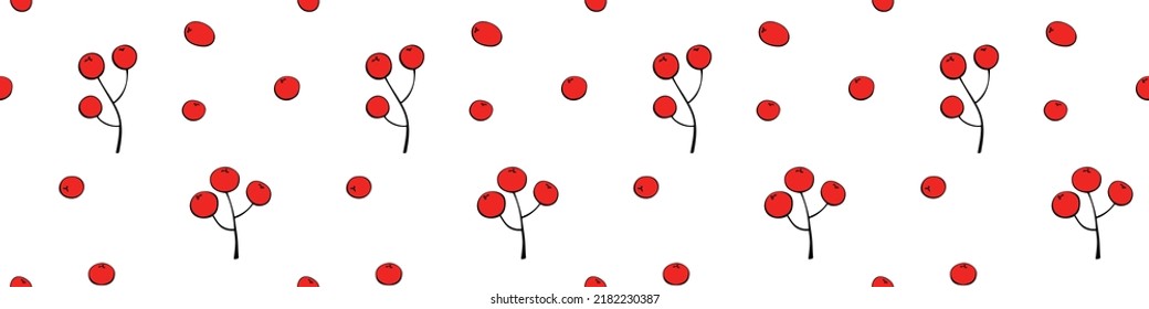 Vector seamless pattern of bunches of rowan red berries, viburnum. Bright texture in doodle flat style. Concept of forest, garden, nature, thanksgiving