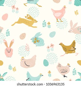 Vector seamless pattern with bunnies and chicken for Easter and other users. Design element.