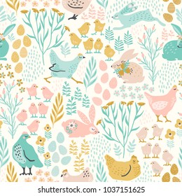 Vector Seamless Pattern With Bunnies And Chicken For Easter And Other Users. Design Element.