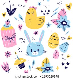 Vector seamless pattern with bunnies and chicken for Easter and other users. Design element. Scandinavian style illustration 